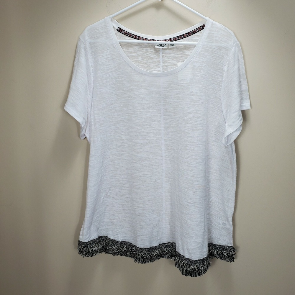 Cato White Scoop Neck Tee Black Fray Accent Hem 22/24W Tshirt SSleeve